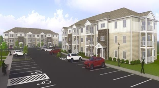 Rendering of apartment complex with parking lot